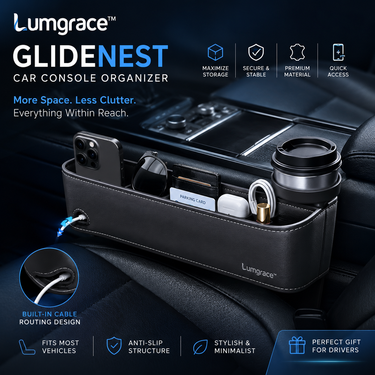 Lumgrace™ GlideNest Car Console Organizer